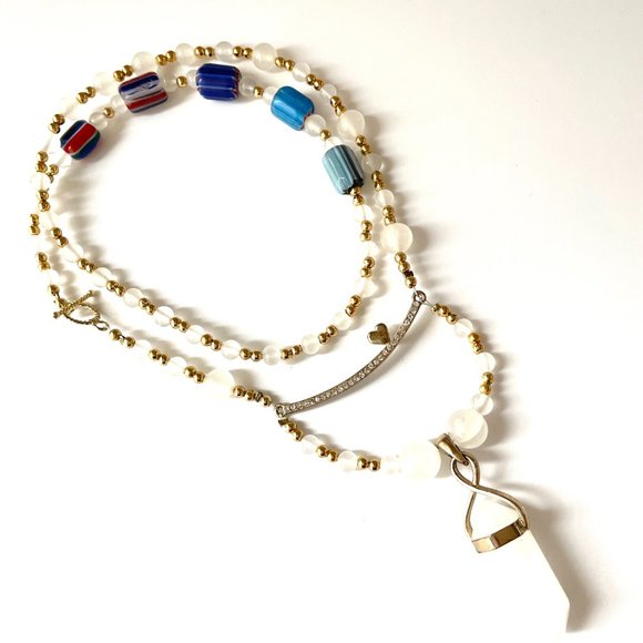 Blue Murano Glass Necklace Gold Toggle Clamp with Quartz, details of Zirconium. - Picture 1 of 4